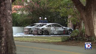 Downed power line sparks vehicle fires in Coral Gables [upl. by Ameehsat]