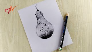 Creative light bulb drawing  Butterflies are flying in the bulb  Easy pencil sketch drawing [upl. by Gravante461]