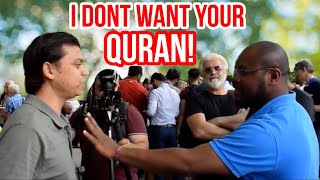 I dont want your Quran Mansur Vs Christian  Speakers Corner  Hyde Park [upl. by Lanahtan]