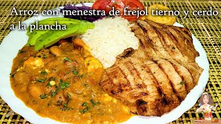 🔥ARROZ CON MENESTRA 🥘DE FREJOL TIERNO Y CERDO A LA PLANCHA🇪🇨🥘 [upl. by Fugazy]