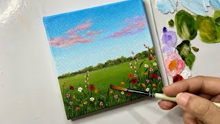 Flower field landscape paintingacrylic painting tutorialacrylic painting for beginners tutorial [upl. by Arodnap]