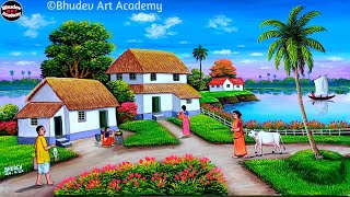 Beautiful Village Landscape Scenery Painting TutorialVillage Scenery Painting With Earthwatercolor [upl. by Leahcir]