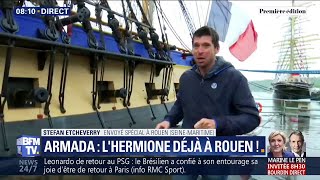 LHermione est arrivée avec un jour davance à Rouen en raison de la tempête Miguel [upl. by Anoiuq]