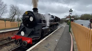 BR Standard 5  73082 ‘Camelot’  Huge Whistle  Bluebell Railway  Kingscote  120423 [upl. by Toomay537]